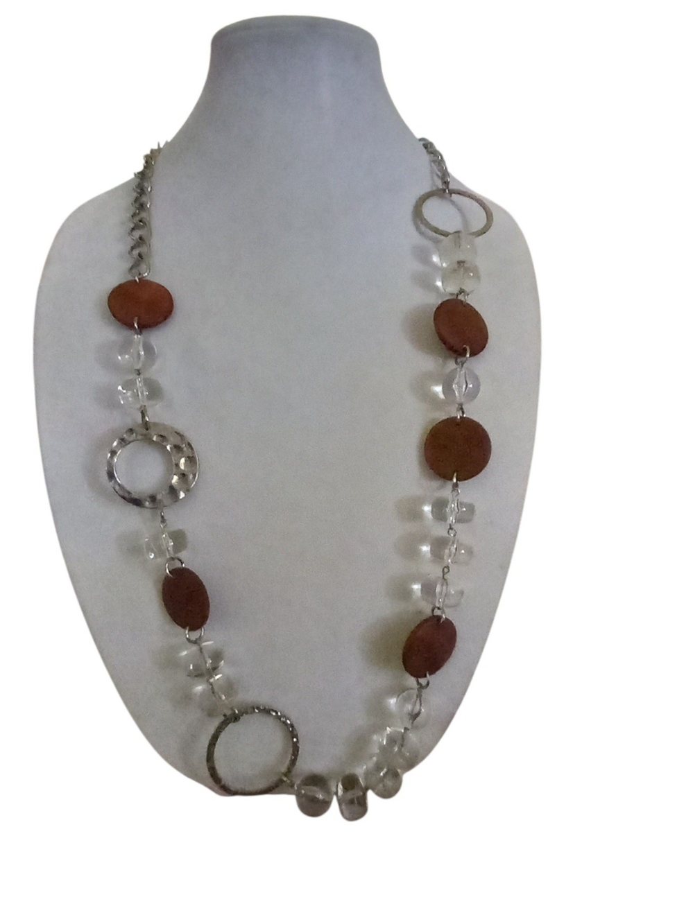 Punch Brown Wood Bead and Silver Ring Necklace